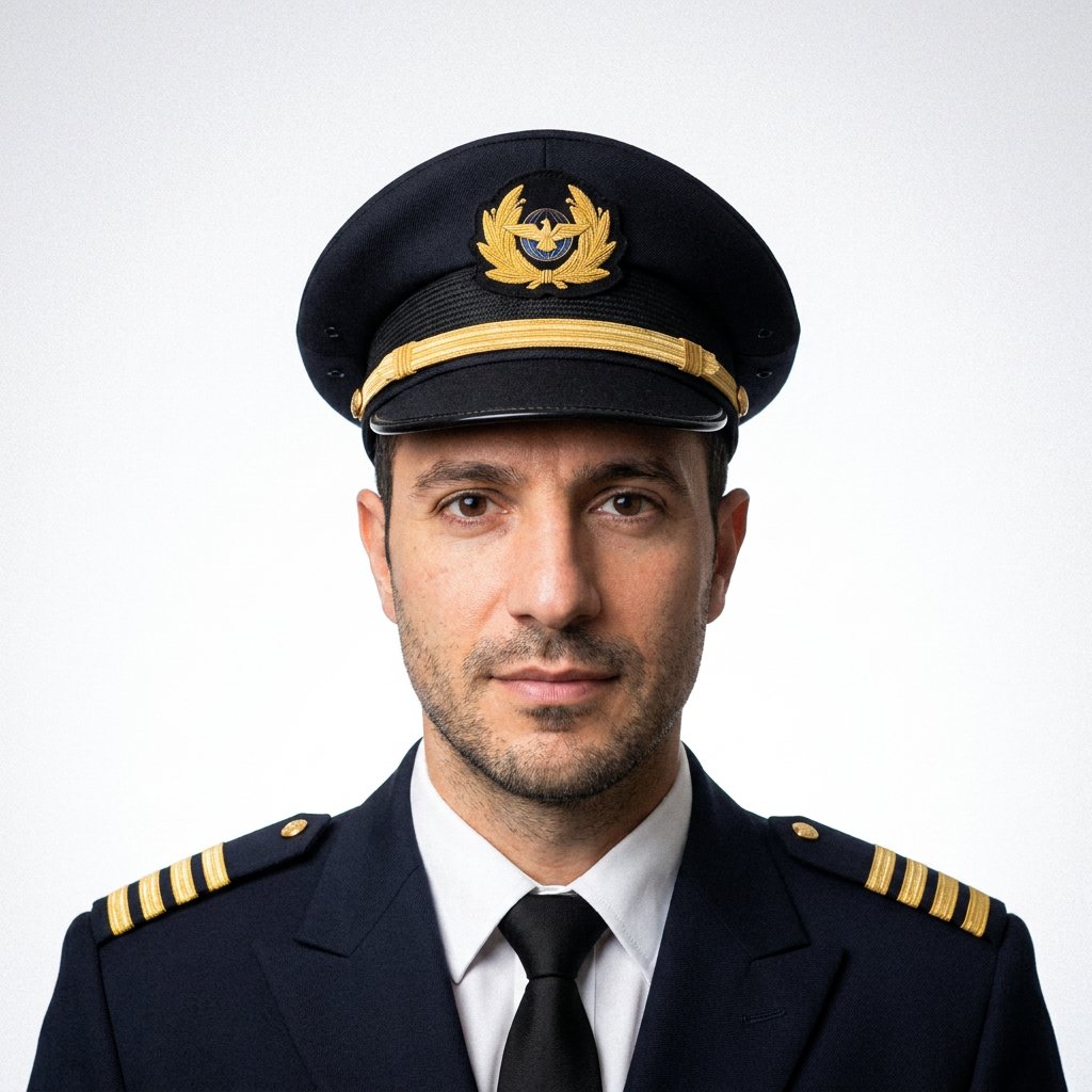 AI aviation headshot – Captain Uniform · Clean White (example 10)