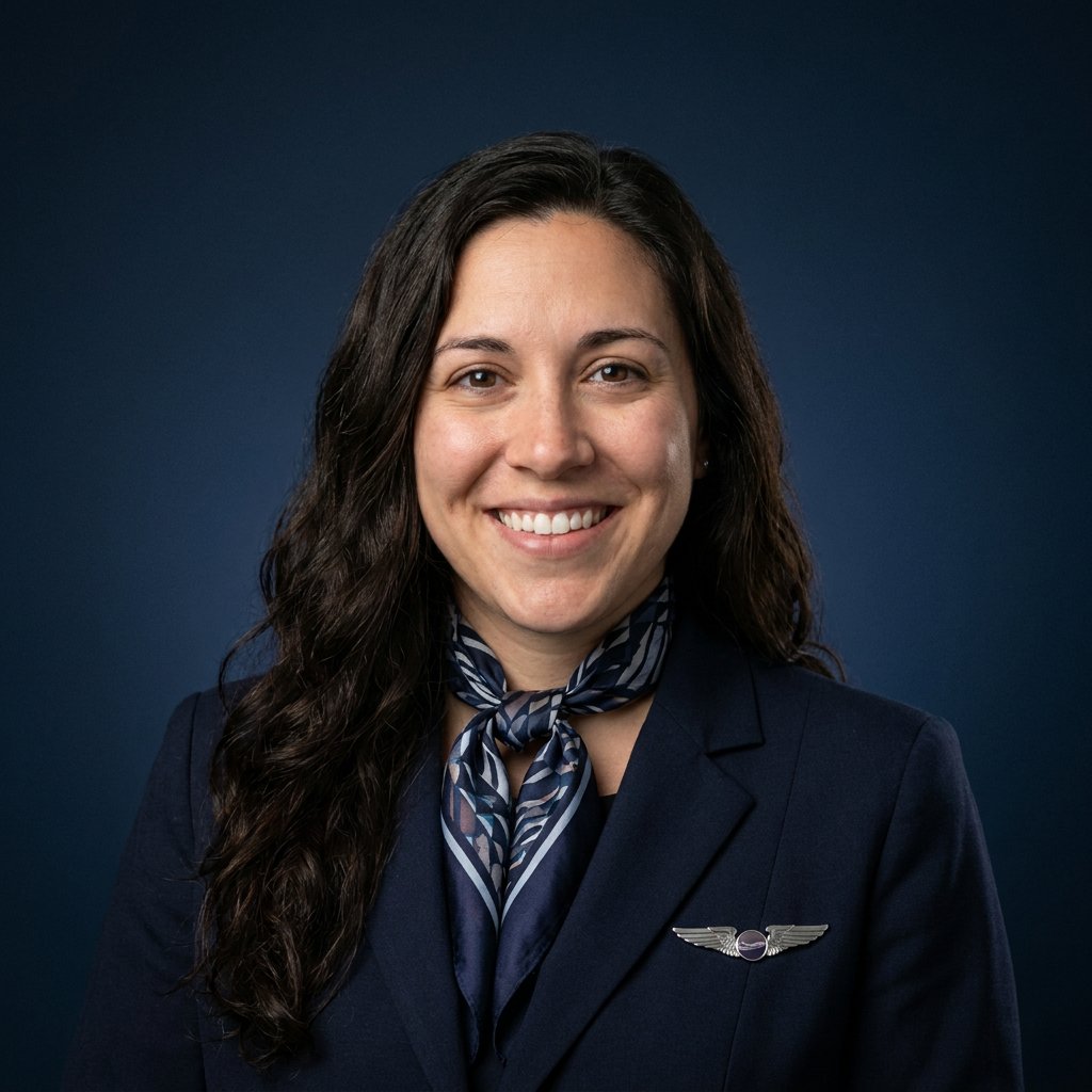 AI aviation headshot – Stewardess Uniform · Navy Blue (example 9)