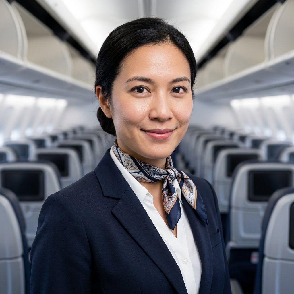 AI aviation headshot – Stewardess Uniform · Aircraft Cabin (example 5)