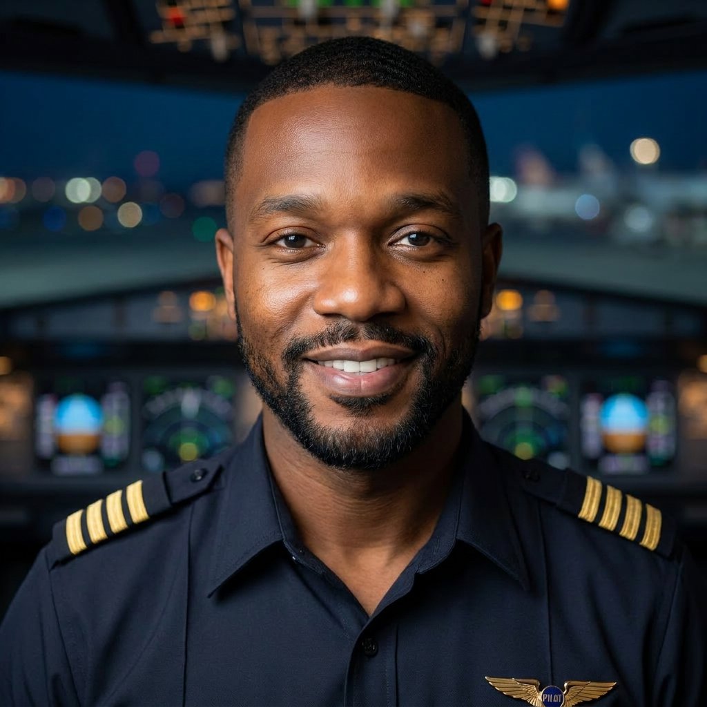 AI aviation headshot – Pilot Uniform · Flight Deck (example 2)