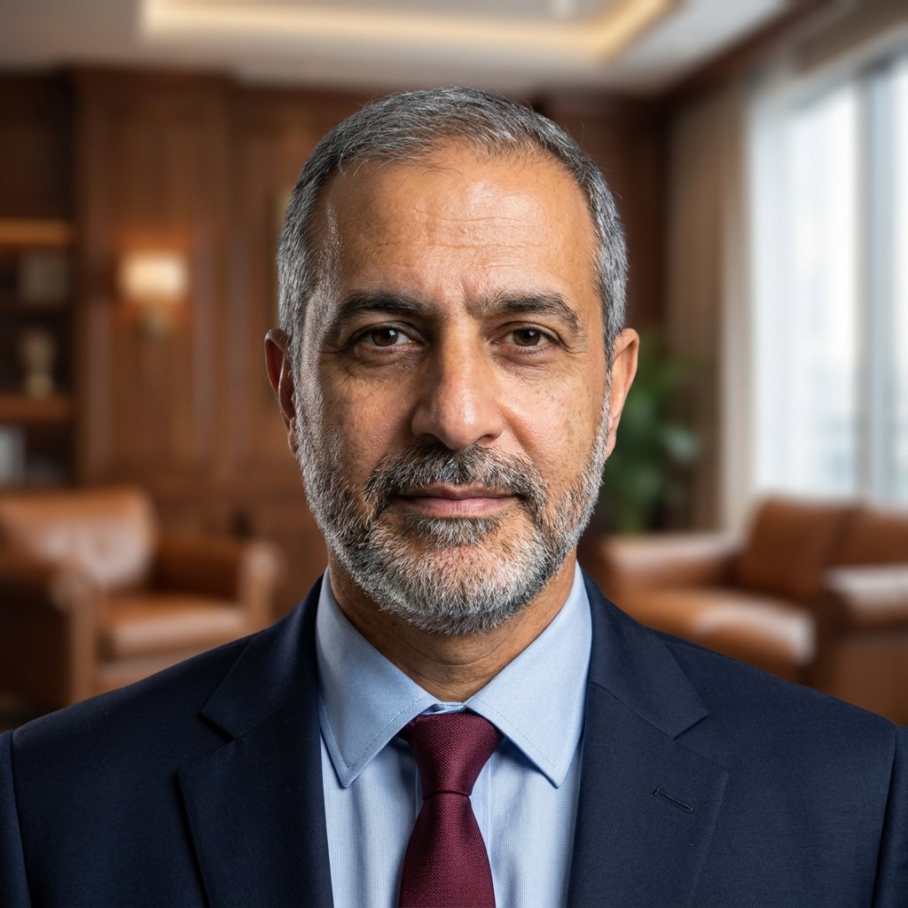 AI aviation headshot – Navy Blazer & Tie · Executive Office (example 4)
