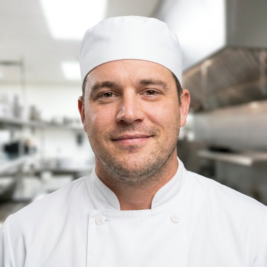 Ritratto da chef con l’IA – Giacca da chef bianca e toque · Cucina professionale (esempio 1)