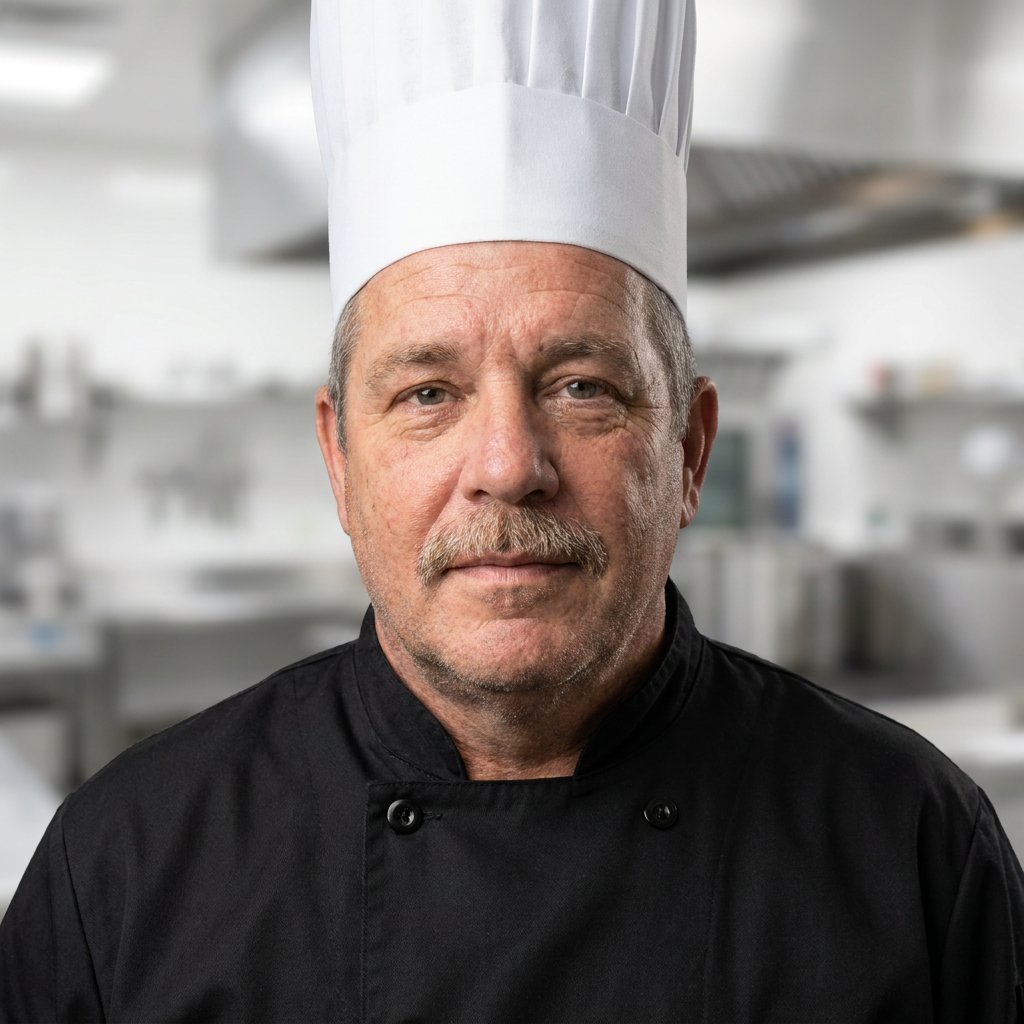 Ritratto da chef con l’IA – Giacca da chef nera e toque · Cucina professionale (esempio 9)