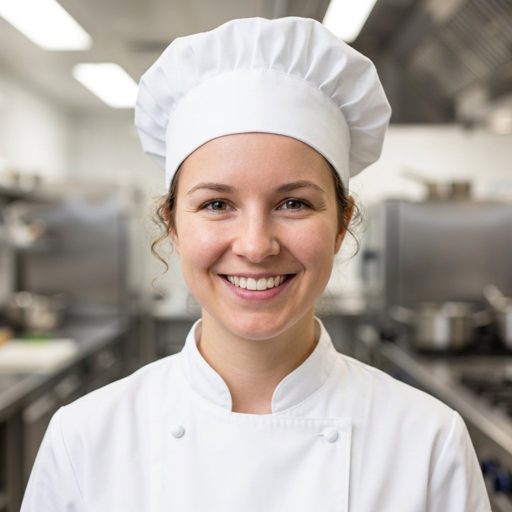 Ritratto da chef creato con l’IA – donna in giacca da chef bianca e toque in una cucina professionale