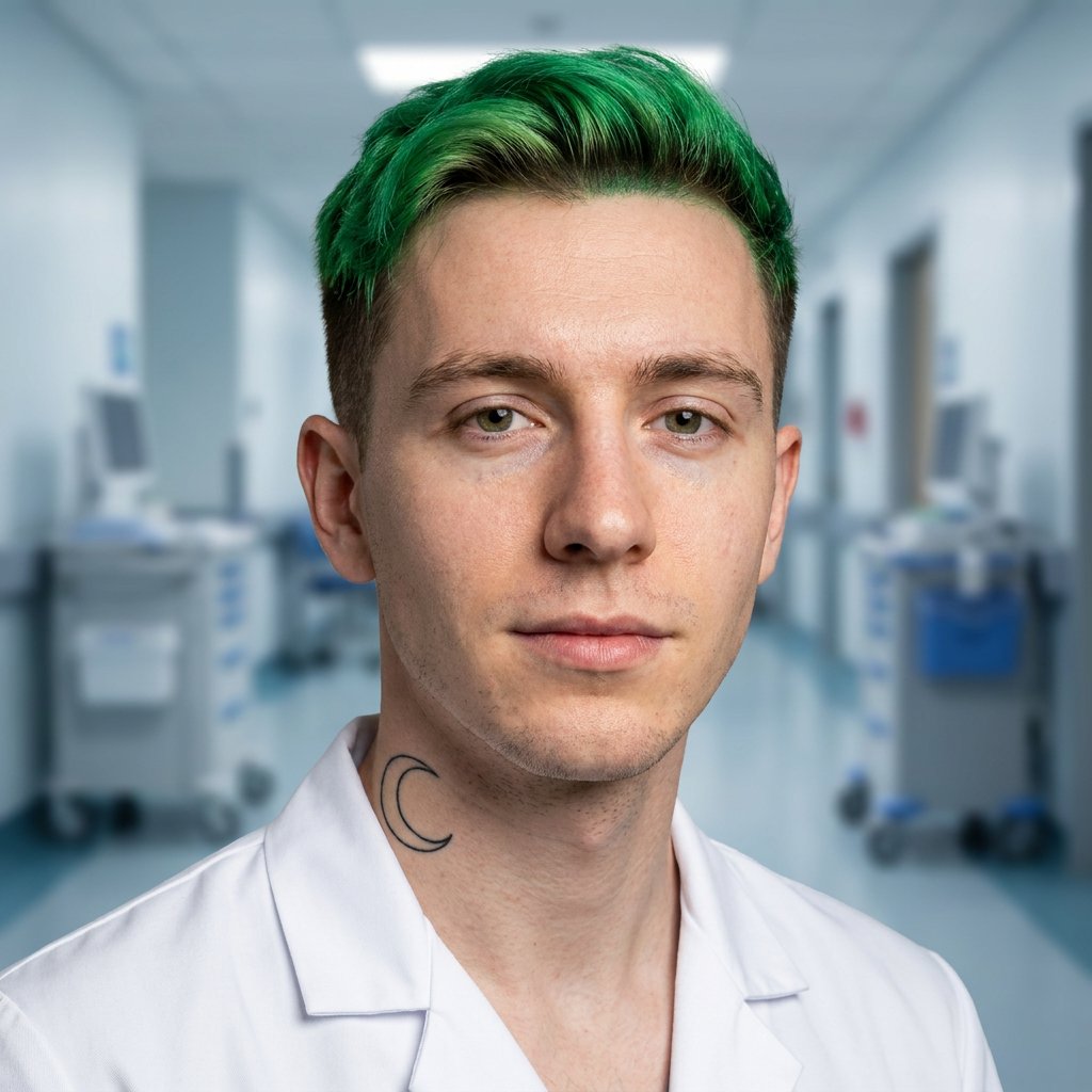 Wygenerowane zdjęcie lekarza — Fartuch laboratoryjny · Szpital, przykład 1
