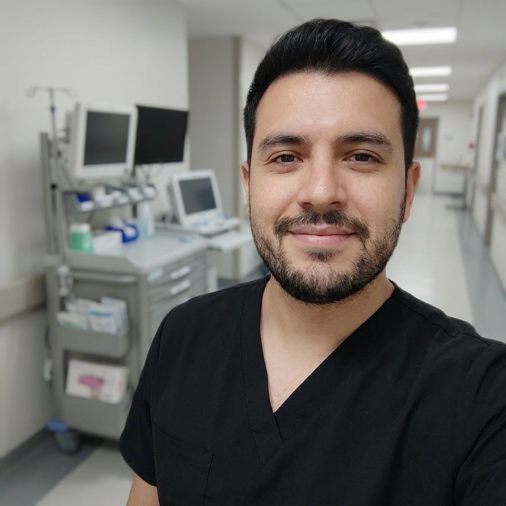Wygenerowane zdjęcie lekarza — Czarne scrubsy · Szpital, przykład 6