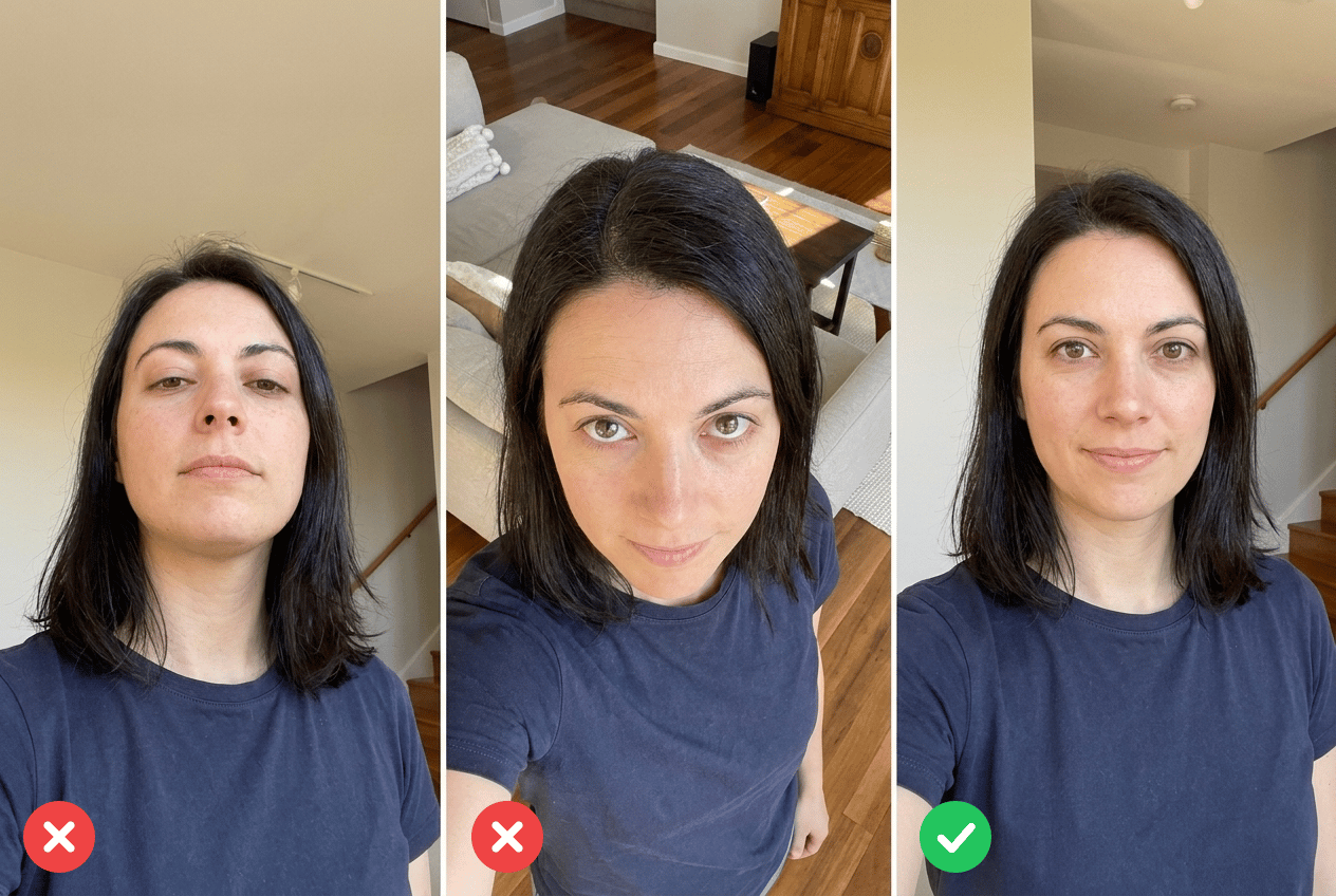 Porównanie trzech selfie: telefon trzymany za nisko, telefon za wysoko i telefon na wysokości oczu — kadr z wysokości oczu wygląda naturalnie