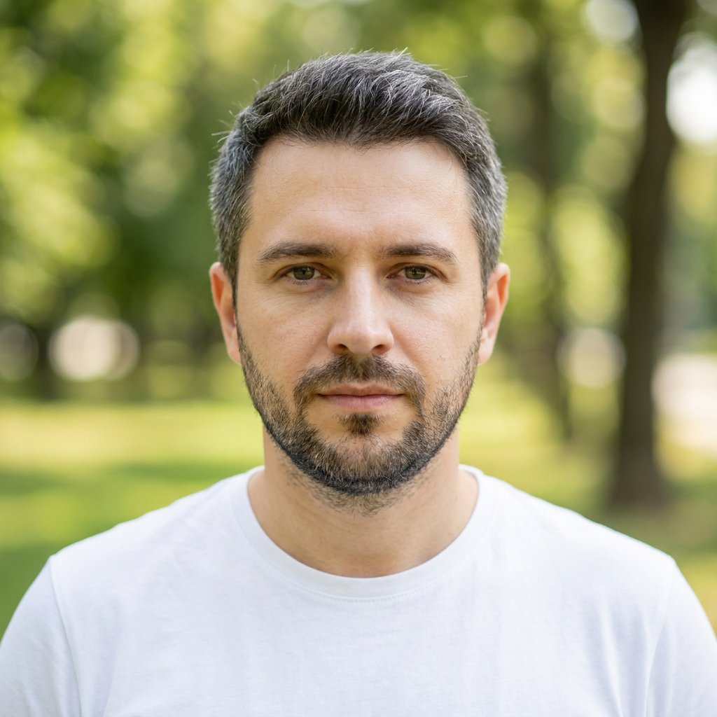 Ritratto da portfolio con l’IA – T-shirt semplice · Parco cittadino (esempio 16)