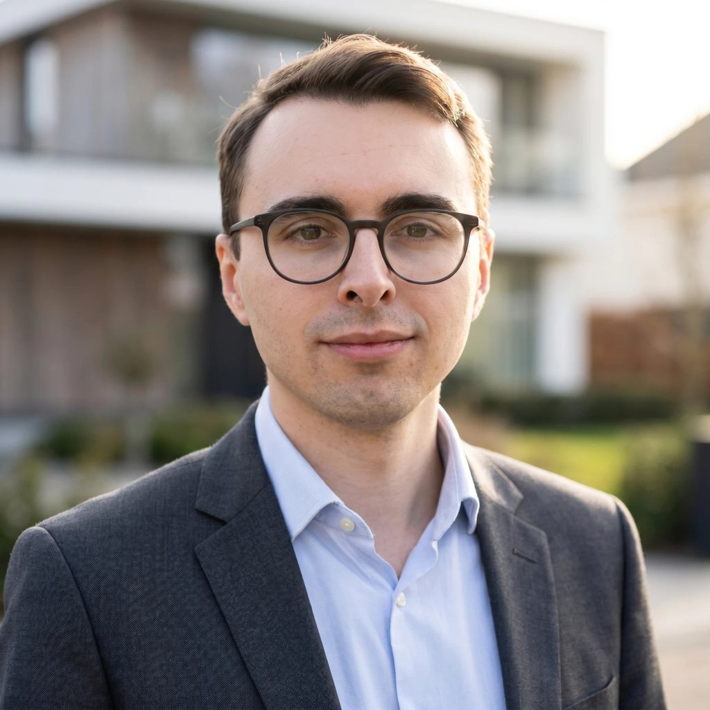 Zdjęcie biznesowe agenta nieruchomości wygenerowane przez AI (Marynarka i rozpięta koszula · Nowoczesny dom) — przykład 21
