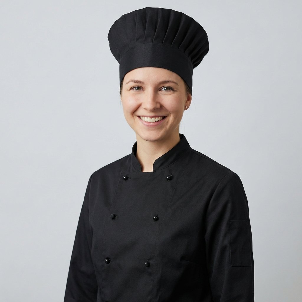 Giacca da chef nera e toque – opzione di divisa per i ritratti da chef con l’IA