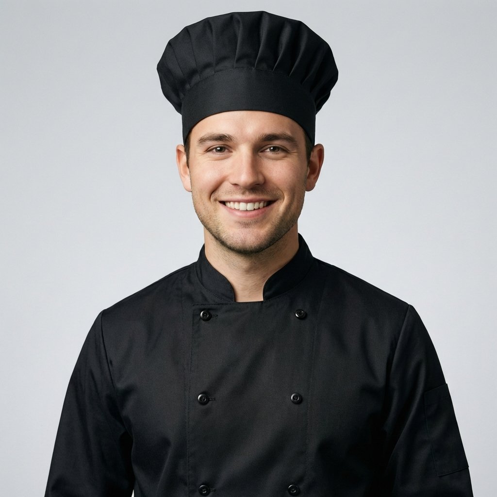 Giacca da chef nera e toque – opzione di divisa per i ritratti da chef con l’IA