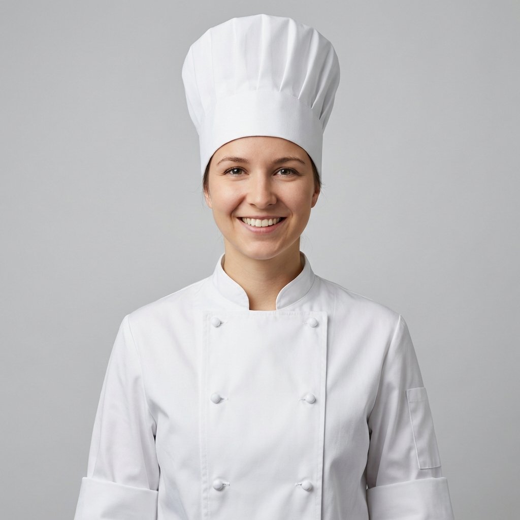Giacca da chef bianca e toque – opzione di divisa per i ritratti da chef con l’IA