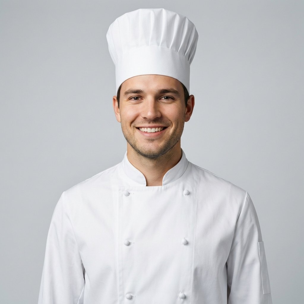 Giacca da chef bianca e toque – opzione di divisa per i ritratti da chef con l’IA