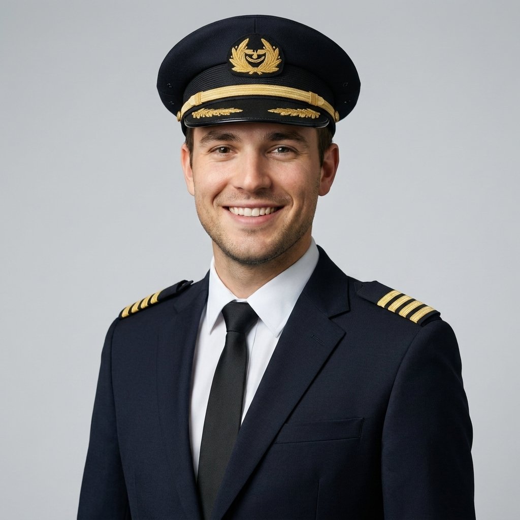 AI-generated pilot headshot – man in an airline captain’s uniform and cap on a studio background