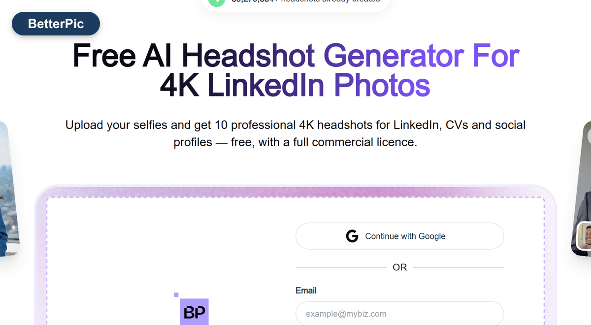La page de BetterPic : le titre « Générateur de portraits IA gratuit pour des photos LinkedIn en 4K » au-dessus d’un encadré qui ne contient que Continuer avec Google, un champ e-mail, et Connexion / Inscription