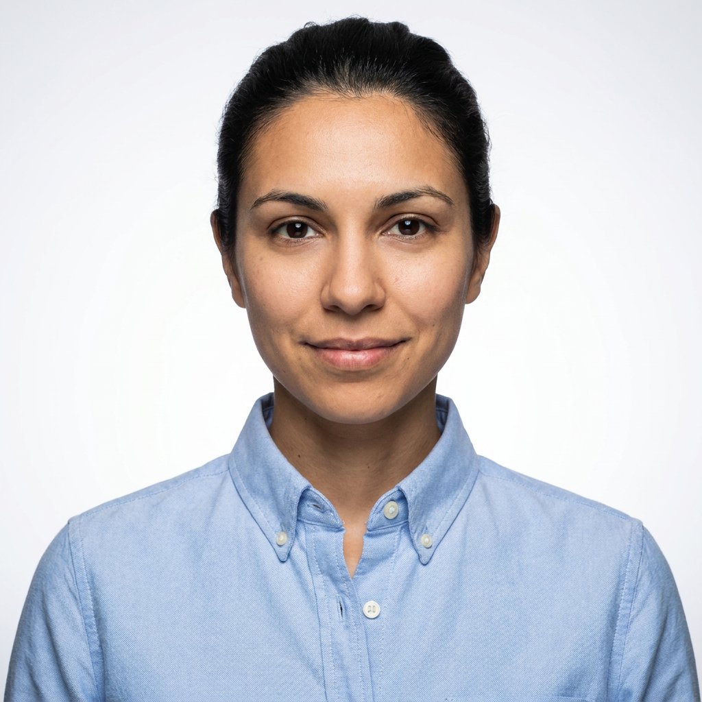 AI actor headshot – Oxford Button-Down · Clean White (example 14)