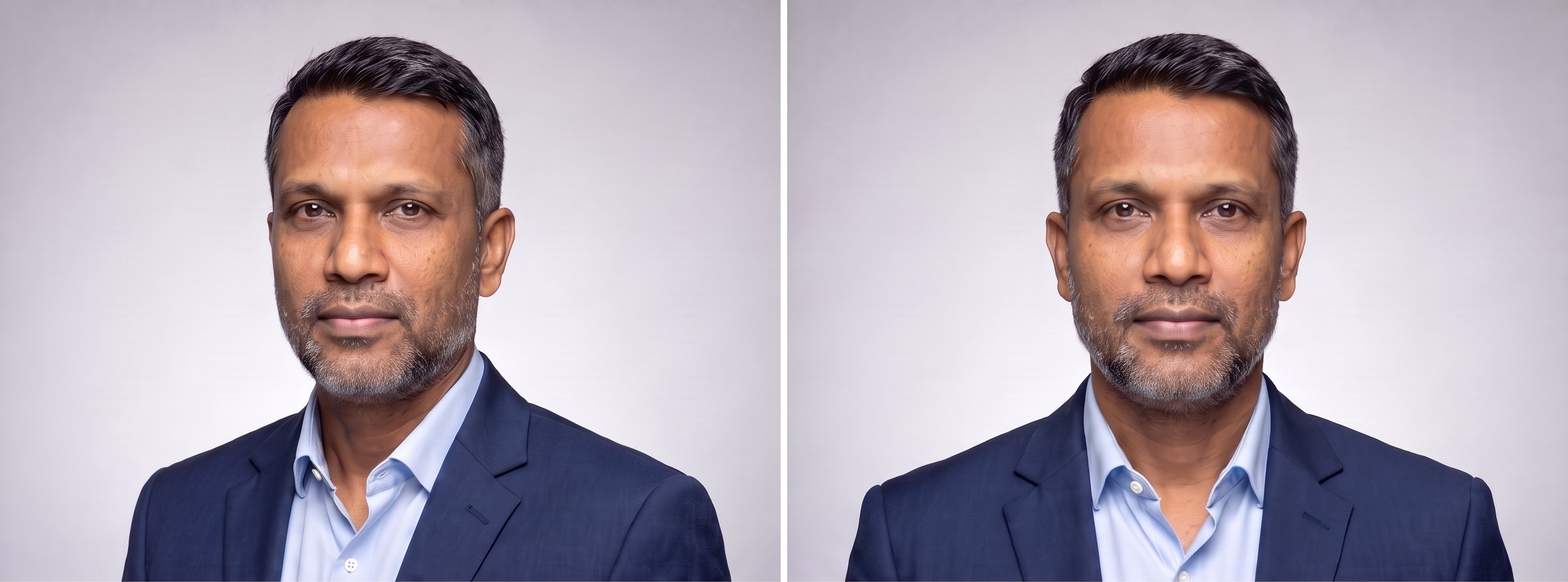 Deux portraits du même homme côte à côte : à gauche les épaules tournées par rapport à l’appareil, la tête ramenée vers l’objectif ; à droite les épaules de face