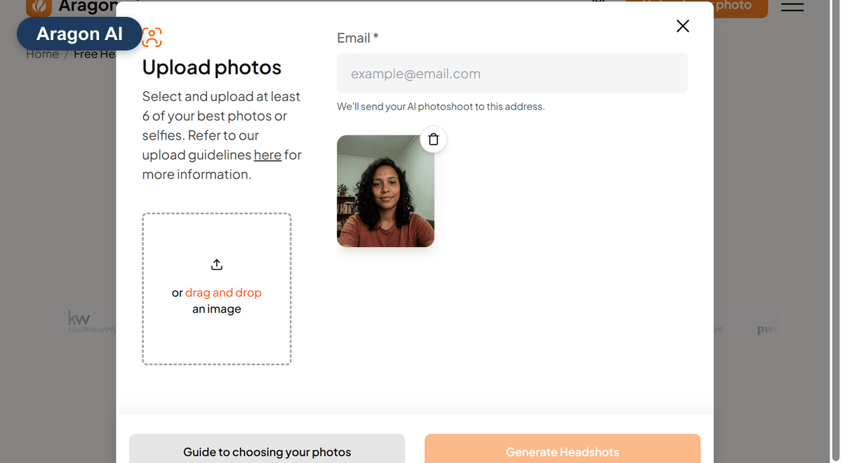 La fenêtre d’envoi d’Aragon : « Importer des photos. Sélectionnez et importez au moins 6 de vos meilleures photos ou selfies », un champ E-mail obligatoire, le selfie envoyé, et un bouton Générer les portraits