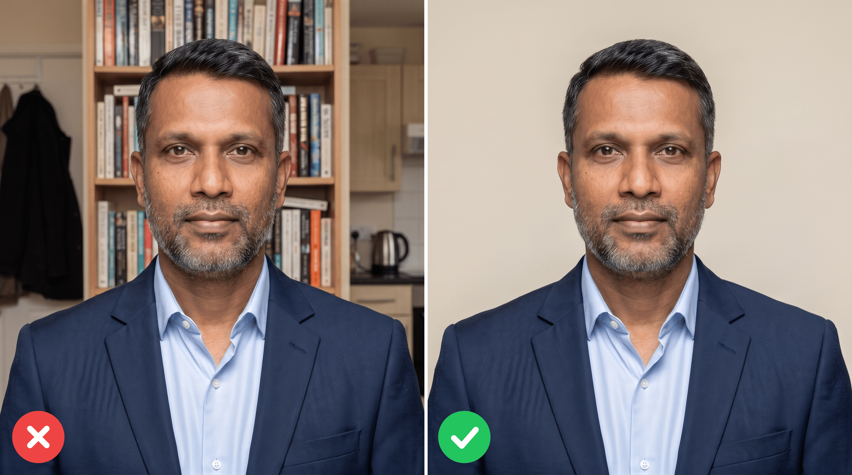 Deux portraits du même homme dans la même veste bleu marine : à gauche devant une bibliothèque encombrée, avec une cuisine et un manteau suspendu sur les bords ; à droite contre un mur clair uni