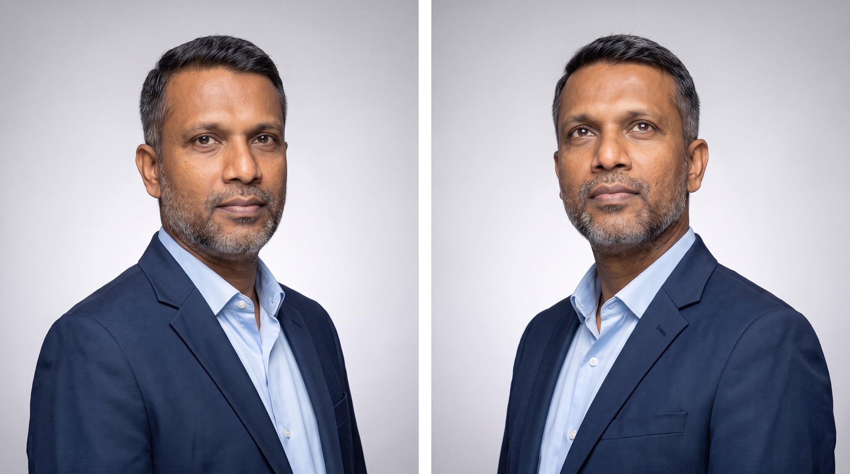 Deux portraits de trois quarts du même homme : à gauche le menton légèrement baissé et avancé, la mâchoire dessinée ; à droite le menton relevé, la tête penchée en arrière