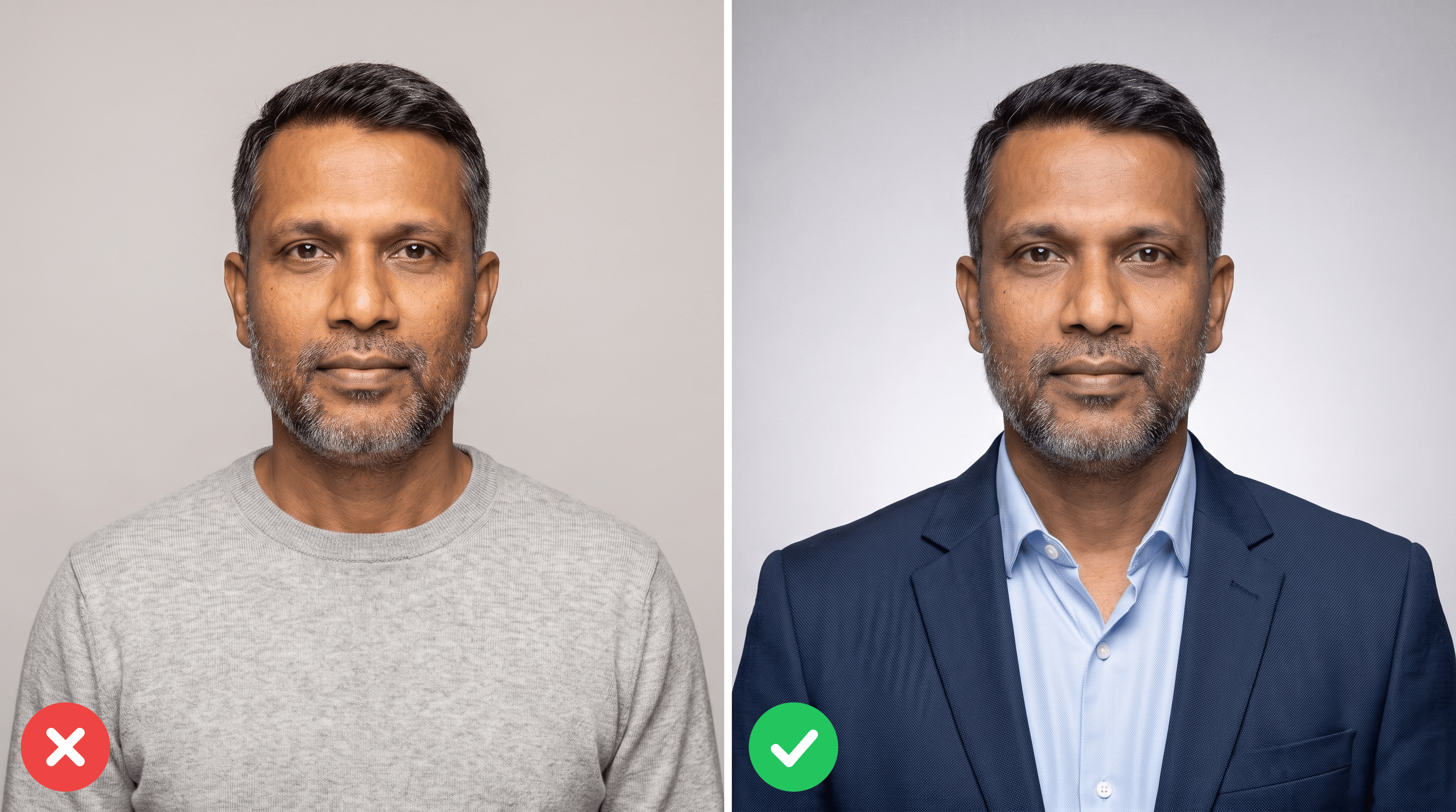 Deux portraits du même homme : à gauche un pull gris clair sur un mur gris clair, sa silhouette disparaît presque ; à droite une veste bleu marine qui se détache du gris