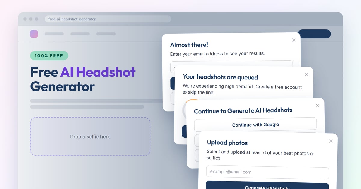 Une fenêtre de navigateur affichant une page « Générateur de portraits IA 100 % GRATUIT », recouverte d’une cascade de fenêtres : saisissez votre e-mail pour voir vos résultats, vos portraits sont dans la file d’attente, créez un compte pour passer devant, continuez avec Google, Apple ou e-mail, et importez au moins 6 de vos meilleures photos