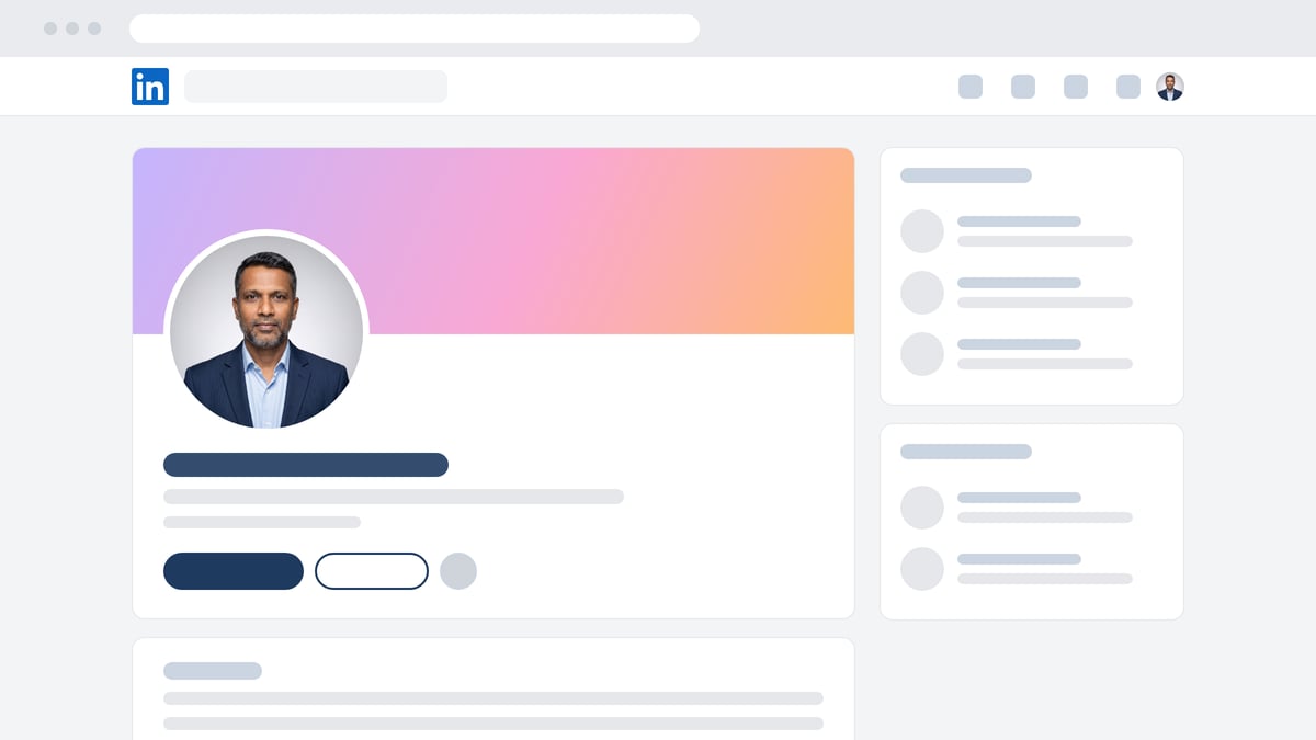 Page de profil stylisée d’un réseau professionnel dans une fenêtre de navigateur, le texte remplacé par des barres grises, avec le portrait d’un homme dans la photo de profil ronde