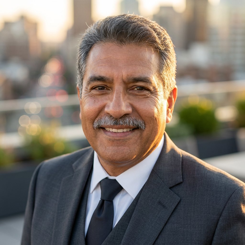 AI executive headshot – Three-Piece Suit · Rooftop (example 7)