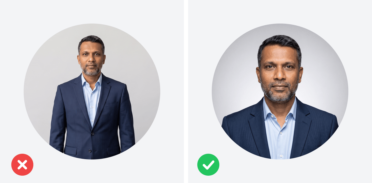 Deux recadrages de profil circulaires côte à côte : à gauche un plan large où l’homme est petit au centre, à droite un portrait serré où le visage remplit le cercle