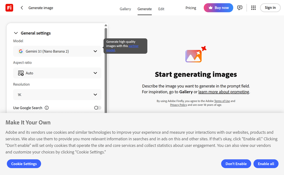 Adobe Firefly, écran 1 du parcours gratuit
