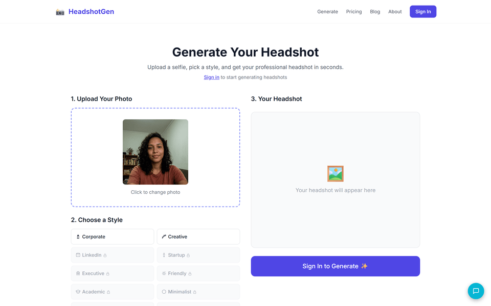 HeadshotGen, écran 1 du parcours gratuit