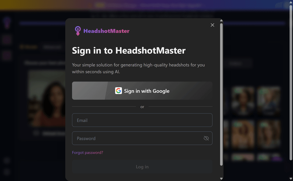 HeadshotMaster, écran 1 du parcours gratuit