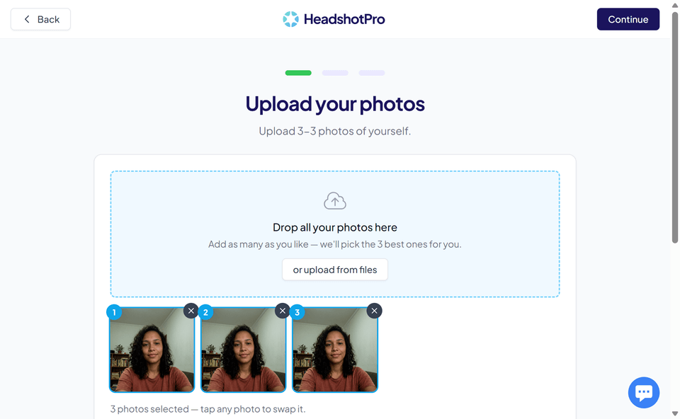HeadshotPro, écran 2 du parcours gratuit