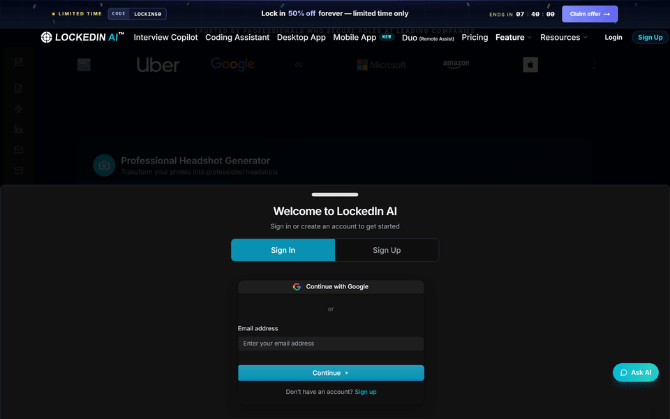 LockedIn AI, écran 1 du parcours gratuit