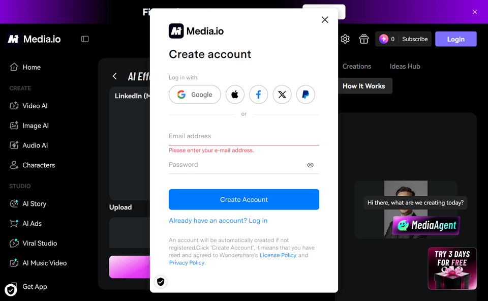 Media.io (Pixpic), écran 1 du parcours gratuit