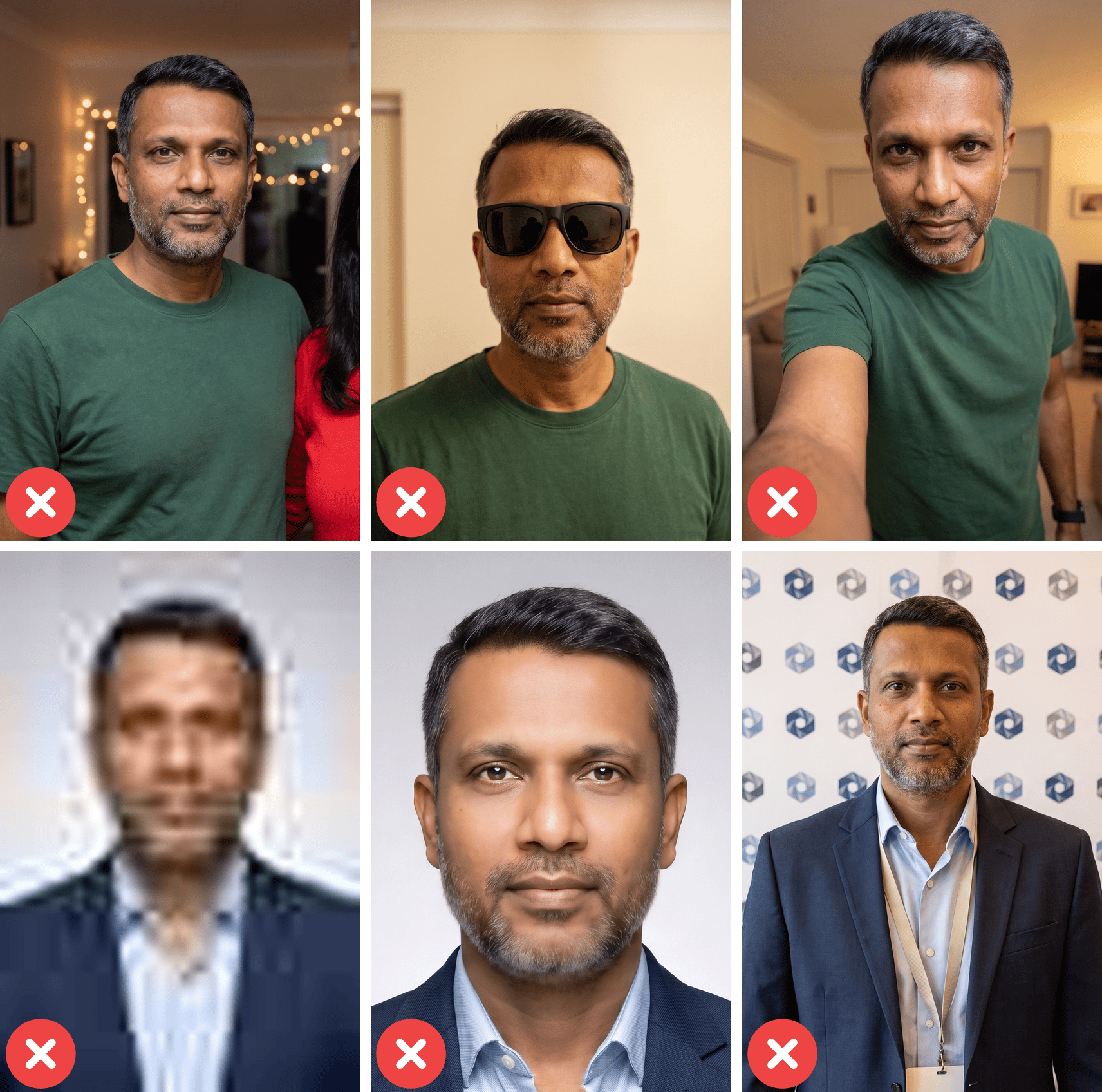 Une grille de six mauvaises photos de profil du même homme : détourée d’une photo de groupe avec l’épaule d’un inconnu sur le bord, avec des lunettes de soleil sombres en intérieur, un selfie avec son bras dans le cadre, une image floue en basse résolution, un visage trop lissé par un filtre beauté, et une prise de vue devant un mur de logos de conférence