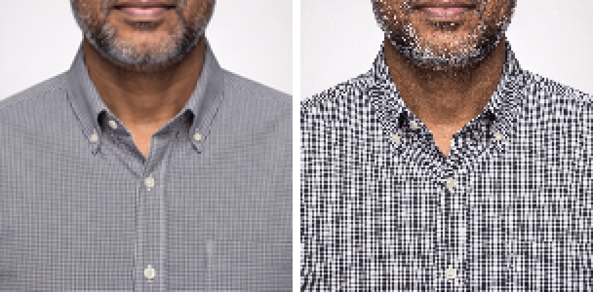 Deux gros plans de la même chemise à petits carreaux noirs et blancs : à gauche réduite proprement en une texture grise uniforme, à droite réduite sans anticrénelage, les carreaux formant des bandes de moiré ondulées