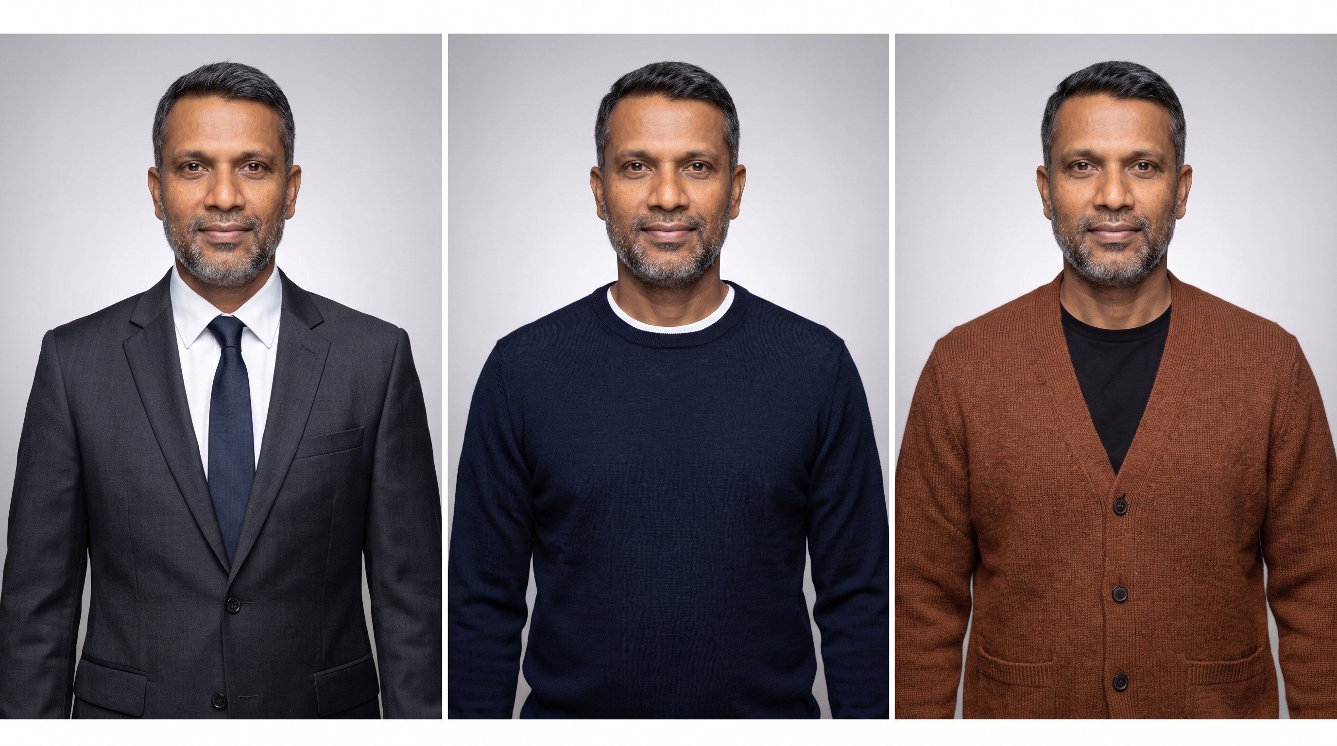 Trois portraits du même homme dans des tenues différentes : un costume anthracite avec chemise blanche et cravate bleu marine, un pull col rond bleu marine sur un t-shirt blanc, et un cardigan en maille rouille sur un t-shirt noir