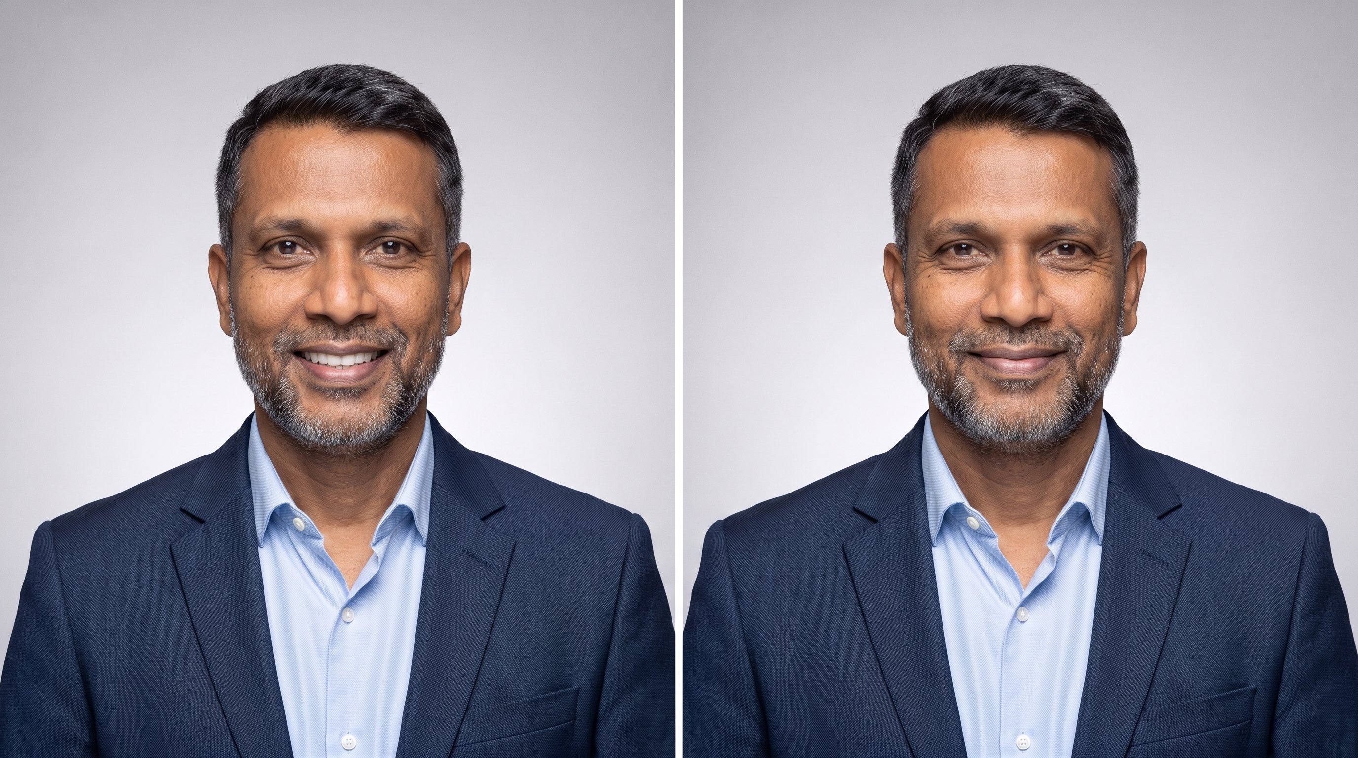 Deux portraits du même homme côte à côte : à gauche un grand sourire qui montre les dents, à droite un léger sourire bouche fermée, les yeux plissés
