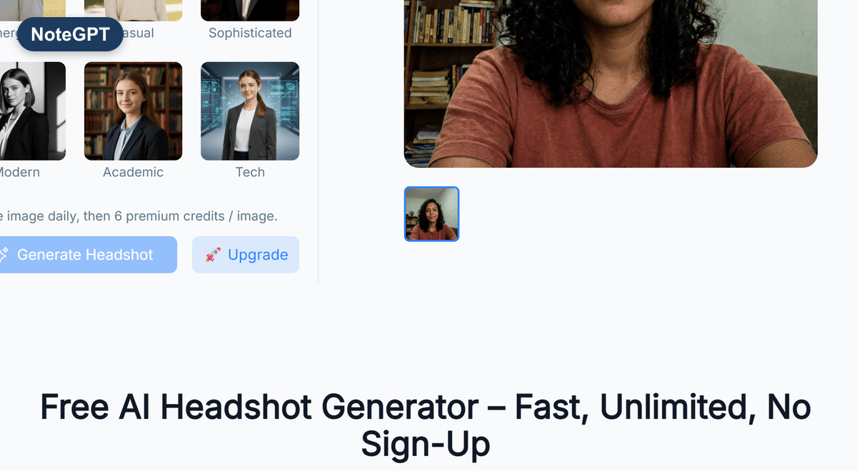 L’outil de NoteGPT avec le selfie envoyé, un bouton Générer le portrait grisé, la ligne « 2 images gratuites par jour, puis 6 crédits premium par image », et en dessous le titre de la page « Générateur de portraits IA gratuit – rapide, illimité, sans inscription »