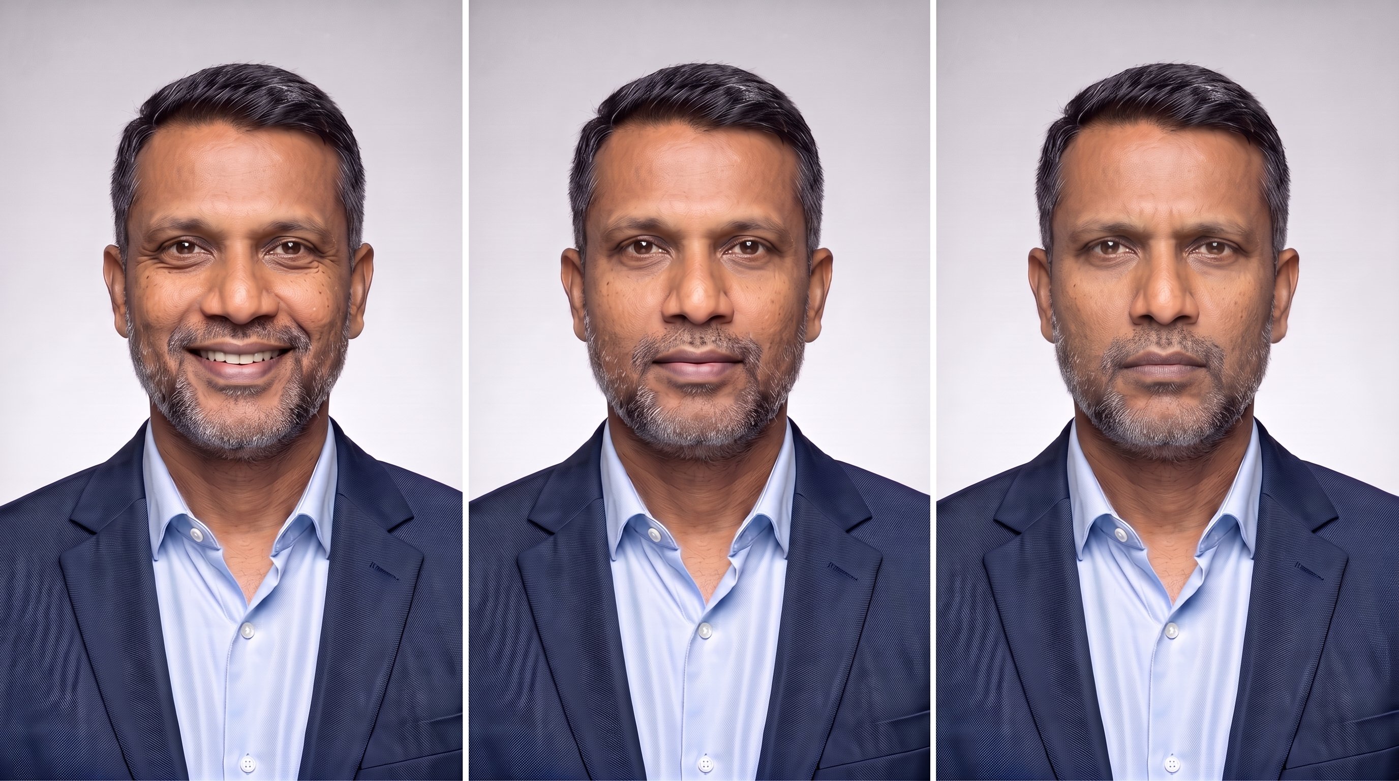 Trois portraits du même homme côte à côte : un grand sourire chaleureux, la tête légèrement inclinée ; un neutre doux avec l’ombre d’un sourire ; et un air posé sans sourire, le regard à niveau