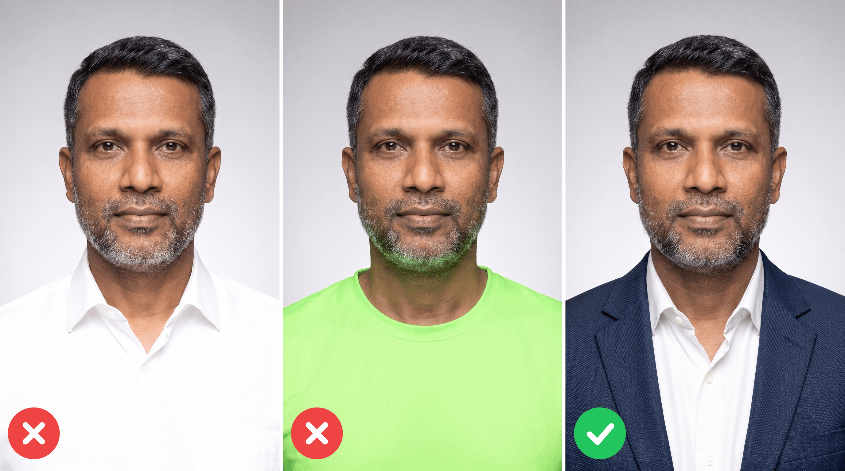 Trois portraits du même homme : une chemise blanche cramée sans texture visible, un t-shirt vert fluo qui renvoie du vert sur son menton et son cou, et une chemise blanche portée sous une veste bleu marine